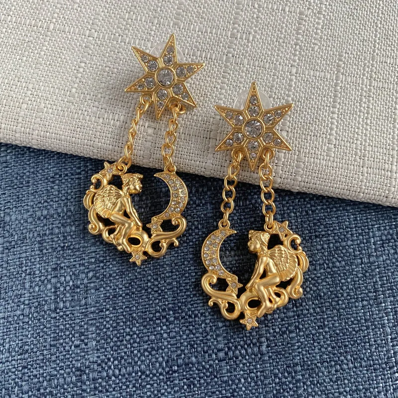 

Fashion Jewelry Vintage Brass Rhinestone Star Moon Angel Wings Symmetric Stud Earrings for Women