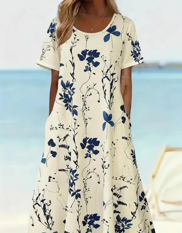 

Women Dress 2026 Spring Summer New Fashionable Floral Printed Round Neck Short Sleeve Pocket Design Beach Vacation Long Dress