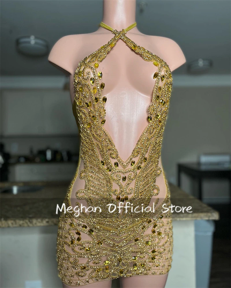 

Gold Halter Short Prom Dresses For Black Girls Beaded Crystal Rhinestone 2025 Birthday Luxury Dress Mini Cocktail Customized
