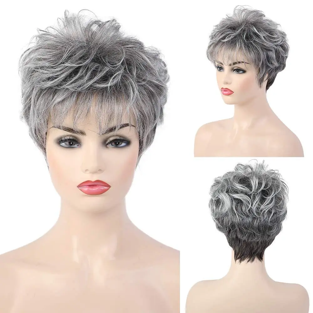 Wig for Women Synthetic Short Wig with Bangs Mixed Gray Hair High Temperature Fiber Heat Resistant Hair Daily Use Wigs