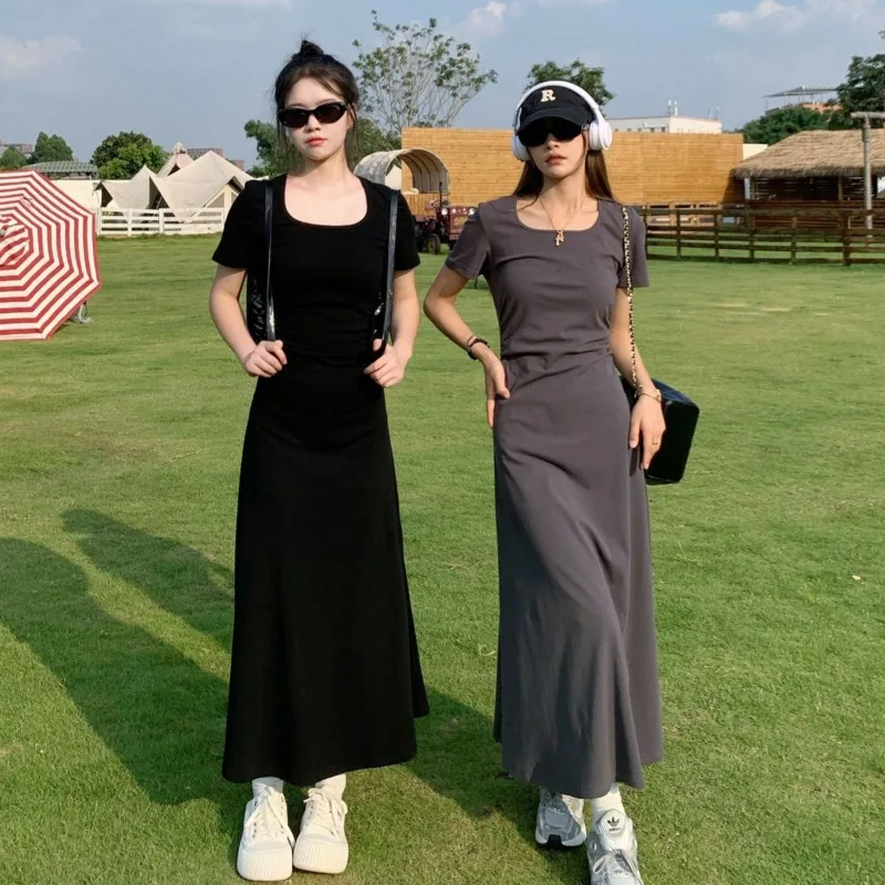 Summer Dress Women Elegant Fashion Retro Lady Streetwear Holiday Simple Solid Hot Sale Korean Style Vestidos Femme Casual A-line