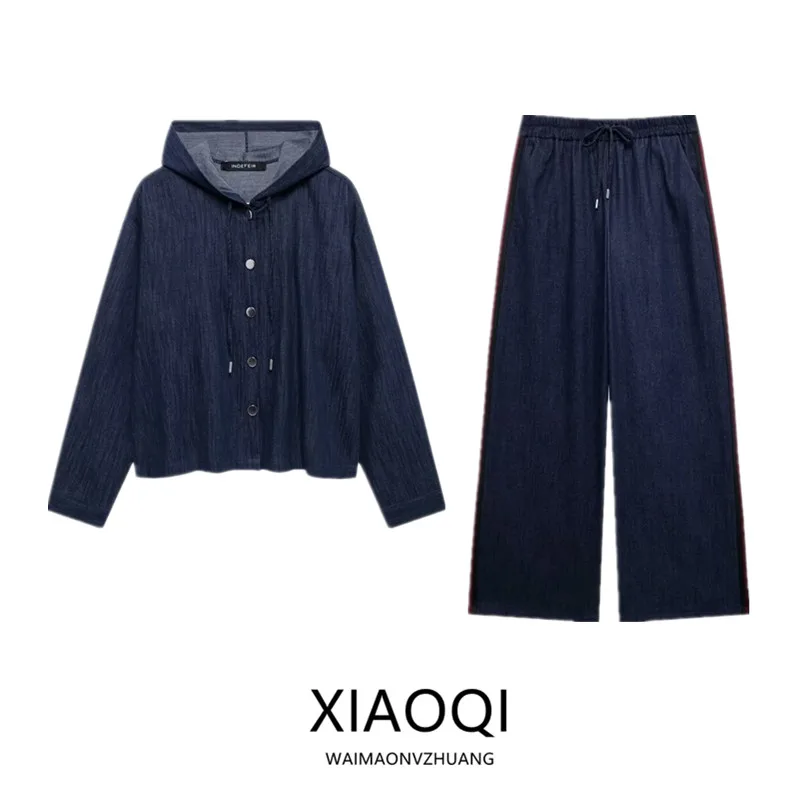 Conjunto de moda otoño 2024: csa de manga larga con efecto denim para mujer y plones de cintura alta con chaqueta con ...