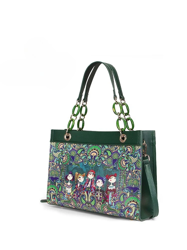 New High-end Women's Handbag, Cowhide Printed Chinese Shoulder Messenger Bag Fashion Women's Bag