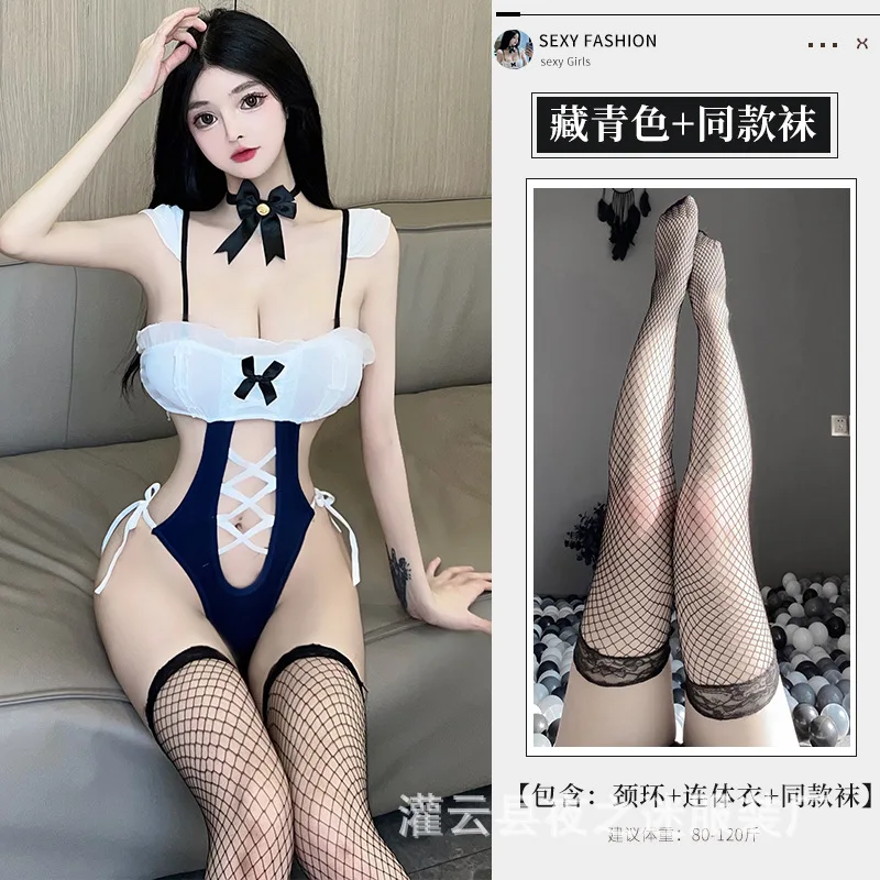 Cosplay Maid Uniform Women Anime Japanese Porno Bodysuit Ruffles Bow Hollow Out Bikini Lingerie Erotic Jumpsuit with Stocking