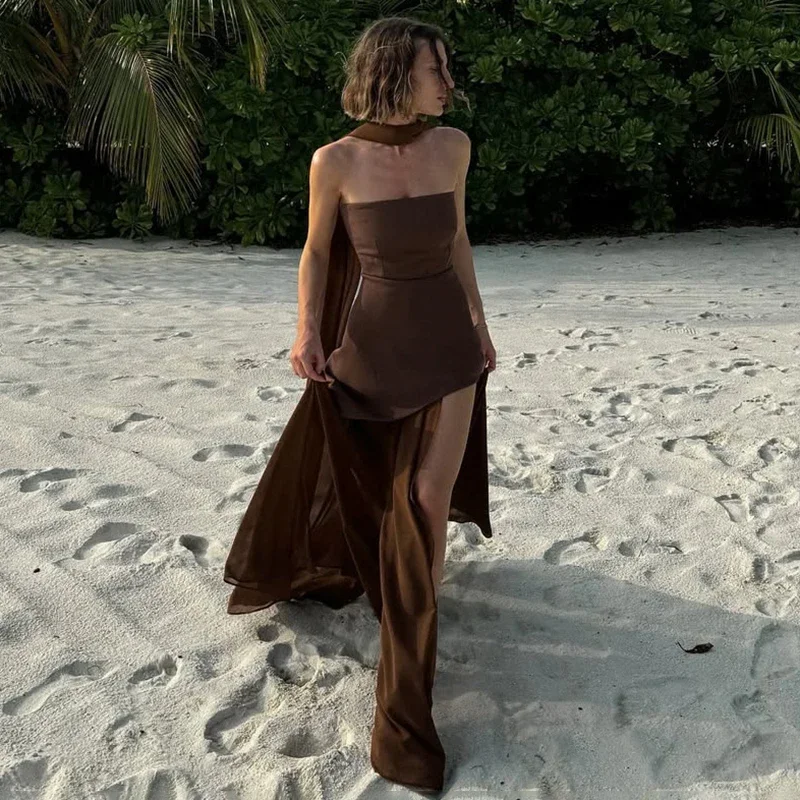 

2025 New Strapless Dress With Ribbon Women's Elegant Sleeveless Mesh Beach Vacation Long Dress Spring Fashion Lady Dress