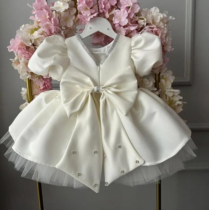 

White Satin Baby Girl First Birthday Party Gown with Big Bow Puff Sleeve Kid Tutu Outfit Short Girl Christening Dress