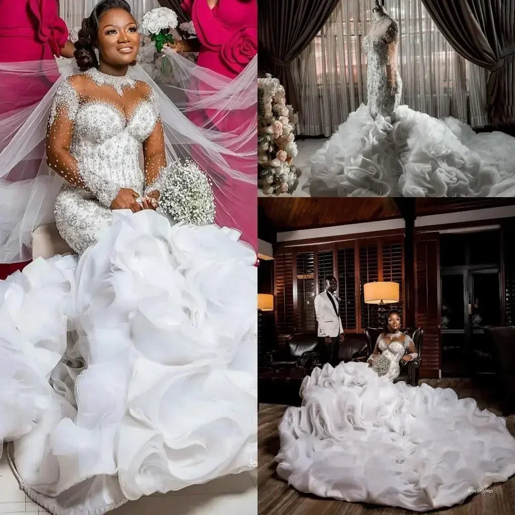 Customized Plus Size Mermaid 2025 Wedding Dresses Arabic Bridal Gowns Tiered Ruffles Illusion Long Sleeve Pearls Beaded Crystal