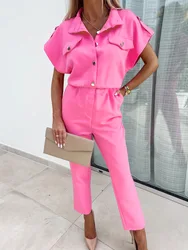 Summer New Casual Jumpsuit Women Rompers Pink Elegant Fashion Short Sleeves Pockets  Elastic Waist Trousers Jumpsuits Streetwear