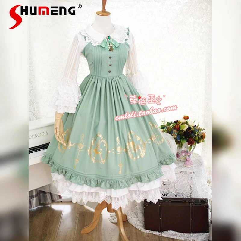 Elegant Classical Lolita JSK Dress Gold Printed Ruffles Sleeveless Single Breasted High Waist Pleated A-line Long Dress Women