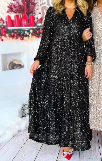 Long sleeved V-neck dress for women, fashionable, casual, elegant, large skirt, loose pearl piece long skirt, autumn new style