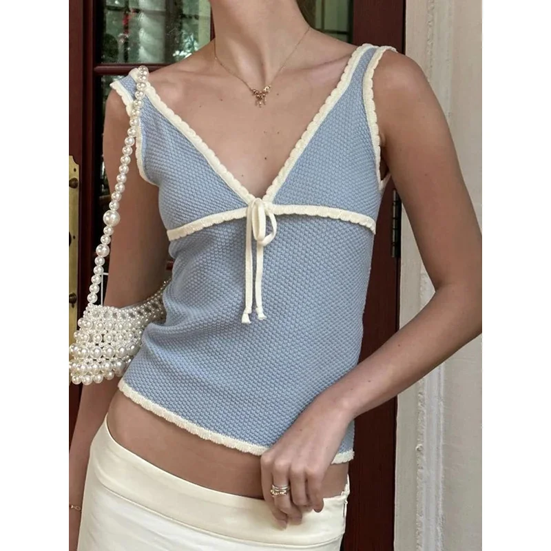 BKQU Contrast Lace Up Backless Tank Top Women Summer Fashion V Neck Cropped Y2K Vest Sleeveless Slim Female Vacation Party Camis