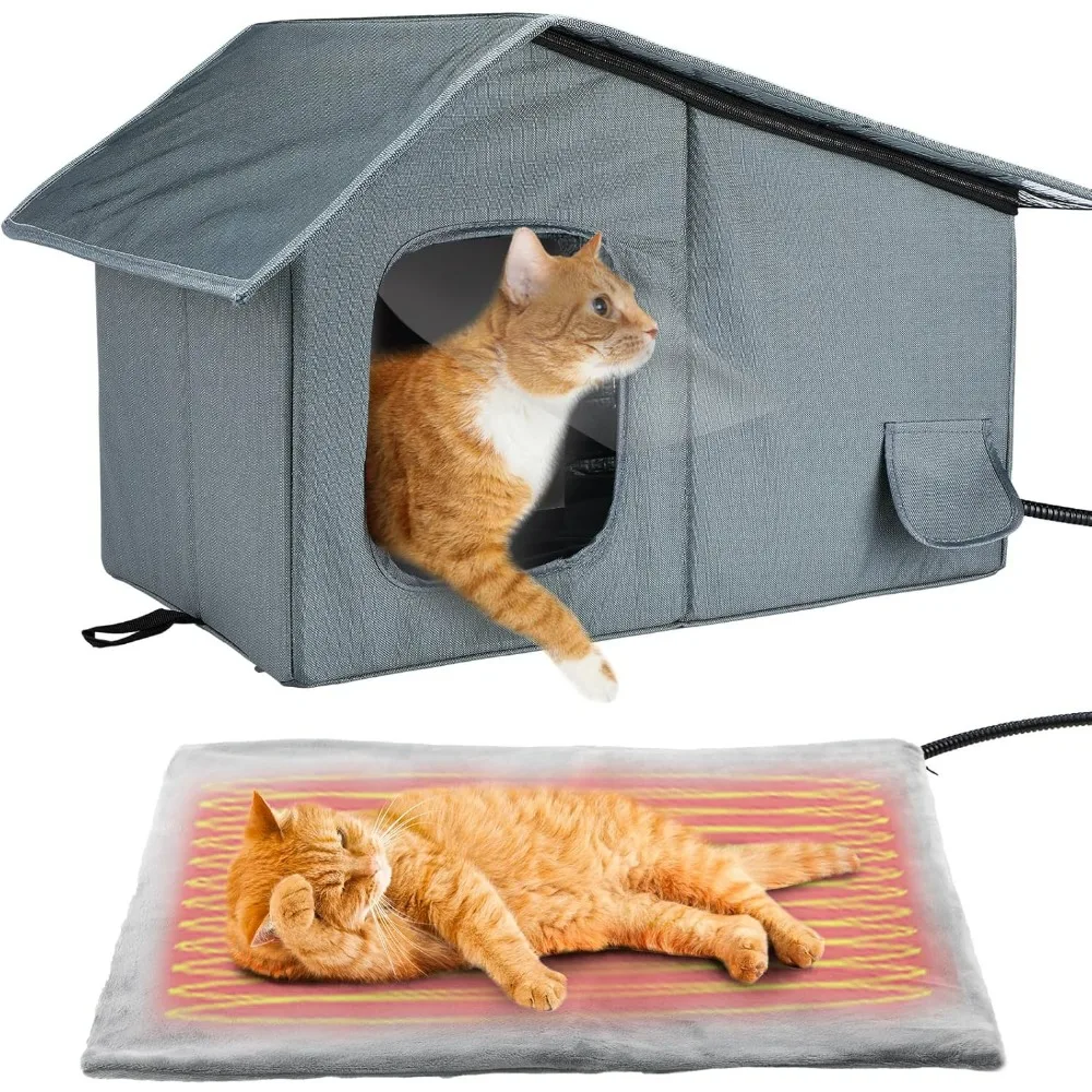 

Weatherproof Heated Cat Houses for Outdoor Cats - Insulated Cat Shelter for Winter with Thermostatic Heating Pad and Escape Door