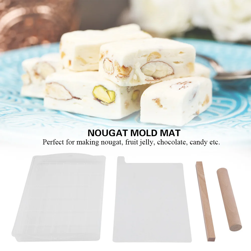 Silicone Nougat Mold Nonstick Mat DIY Chocolate Candy Tools Wooden Rolling Pin Set