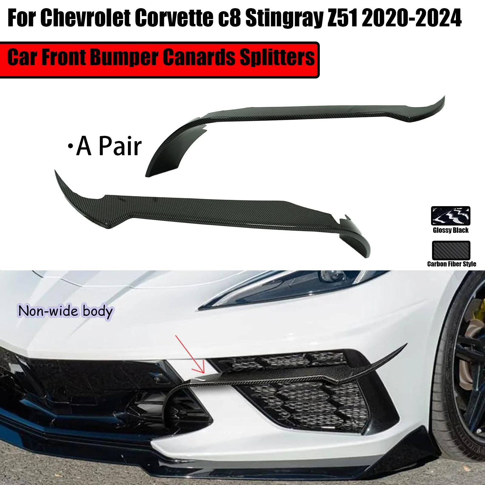 

For Chevrolet Corvette c8 Stingray Z51 2020-2024 A Pair Car Front Bumper Canards Splitters Spoiler Diffuser Carbon Fiber Style