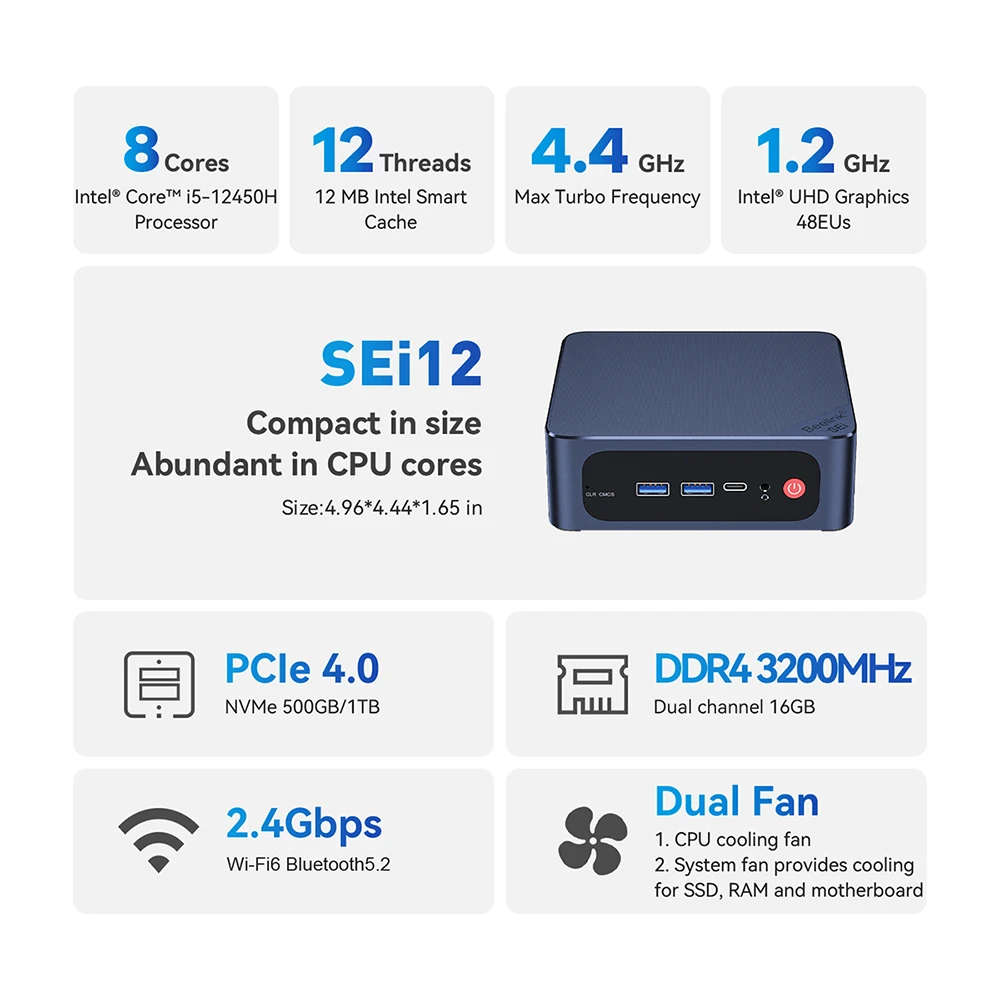 Beelink-Mini PC SEi 12, Intel Core i5, 12450H, 12e Isabel, 16 Go DDR4, 500 Go, 1 To SSD, Wifi6, 4K, 1000M BTstimulations SEi12, Ordinateur de bureau