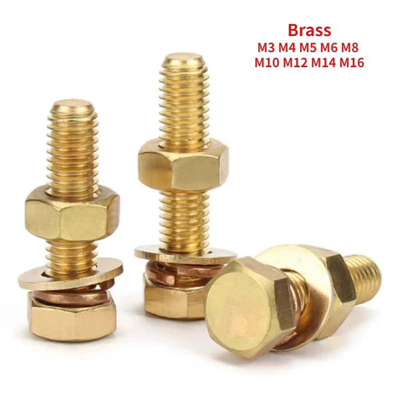 1-40Sets M3 M4 M5 M6 M8 M10 M12 M14 M16 Brass Outer Hexagonal Bolt Machine Screw Nut Flat Washer Elastic Washer Combination Set