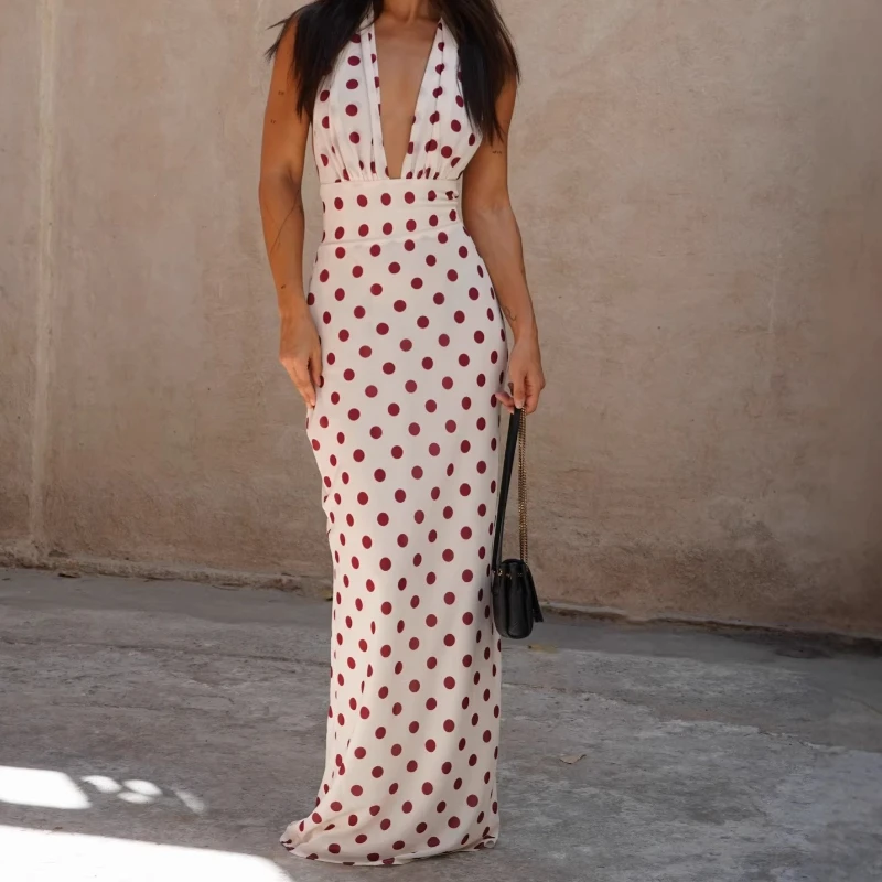 

2026 Women's French Retro Polka Dot Halter Long Skirt Slim V Neck Strap Sexy European and American Dress for Women