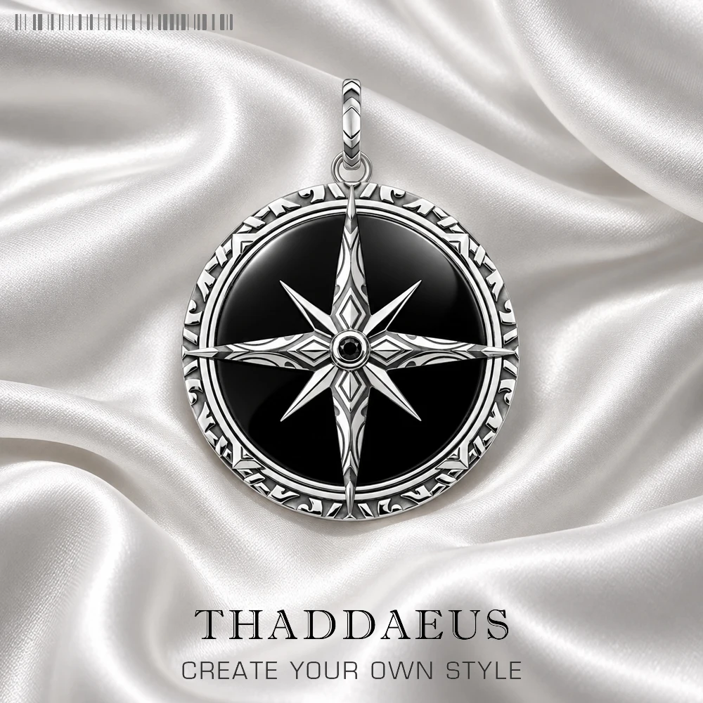 Pendant Black Compass New Jewelry 925 Sterling Silver Accessories Vintage Gift For Men Women