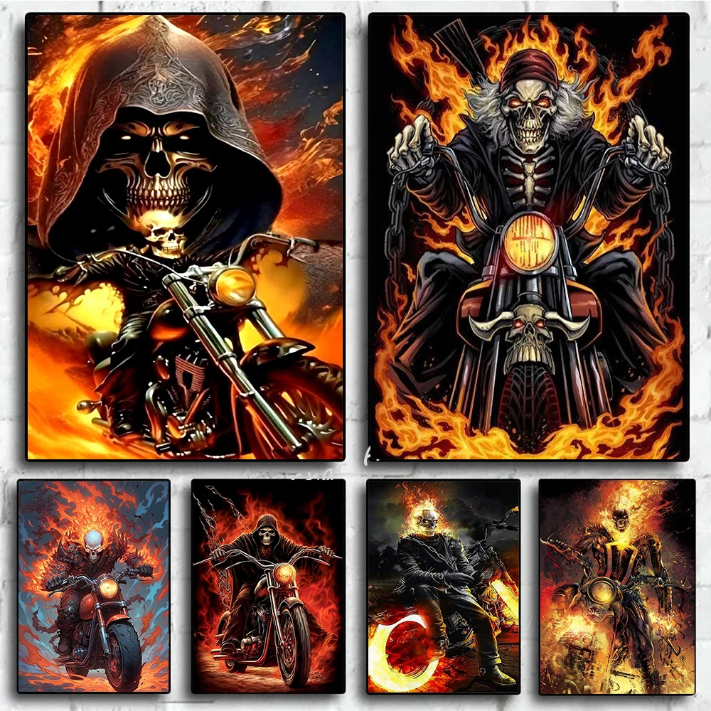 

Abstract Scary Ghost Fire Skull Riders Vintage Motorcycle Art Canvas Painting Posters Prints for Room Club Bar Home Decor Gifts