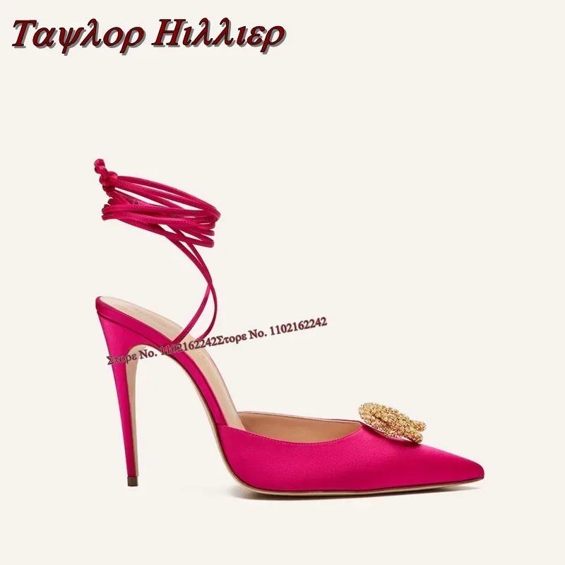 Spring Pointed Toe Round Buckle Rhinestone Pumps Simple Stiletto Cross Strap Satin High Heels Fashion Banquet Wedding Sandals