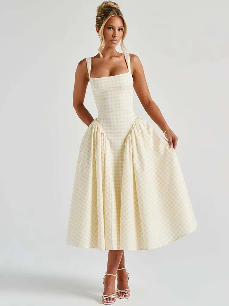 Plaid Printed Spaghetti Strap Sexy A-line Dress Women 2026 Elegant Summer Dress Backless Party Midi Dress Vestidos - Image 5