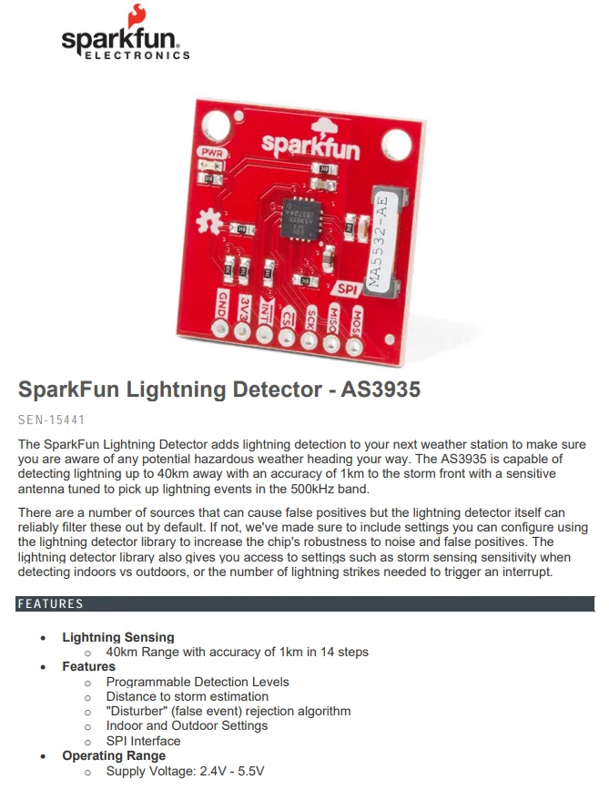 SEN-15441 Multiple Function Sensor Development Tools Lightning Detector - AS3935