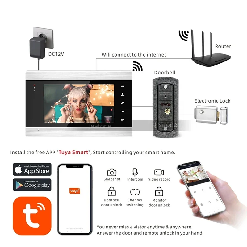 Jeatone Tuya 7Inch Video Intercom Doorbell Door Eye Camera Kits Smart Home Wireless Remote Access Control System For Apartment