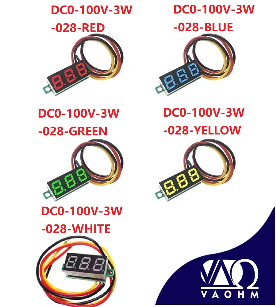 0.28 Inch 3-Wire Adjustable Voltmeter DC 0V-100V Blue Green Red Yellow Digital LED Display