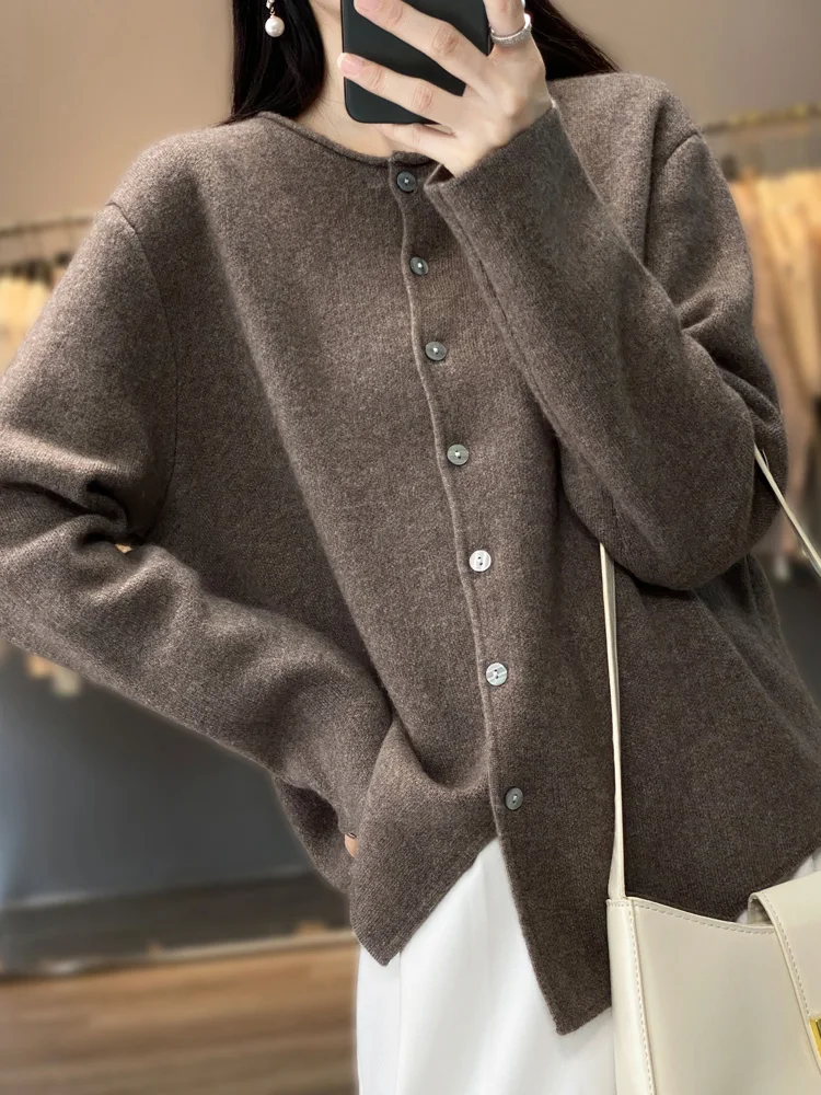 New 100% Women Merino Wool Sweater Loose Fit O-Neck Cardigan Knitwear Cashmere Soft Warm Casual Clothing Tops In Autumn Winter