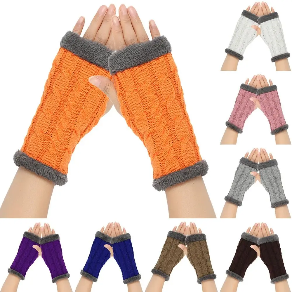Fashion Fleece Lined Fingerless Gloves Soft Knitted Crochet Warm Knit Mittens Stretchy Typing Gloves Cold Weather