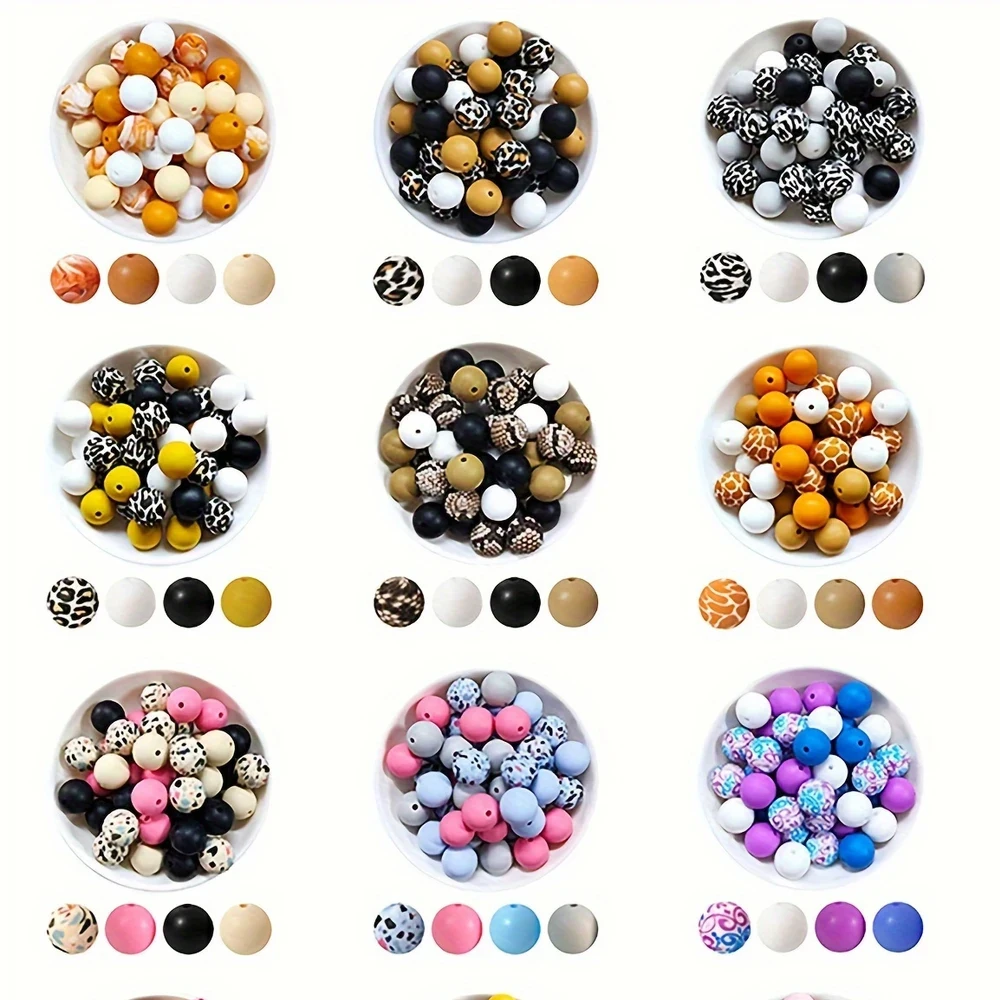 �y�Z�[�����z40pcs Floral Silicone Beads Set, 15mm Round Colorful Loose Beads for Keychain, Necklace, and Pen Making Kit, Silicone Character