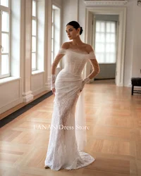 Fanan Off Shoulder Lace Wedding Dress Mermaid Customized Corset Back Ruched Long Sleeves Bridal Party Gown Vestidos De Novia