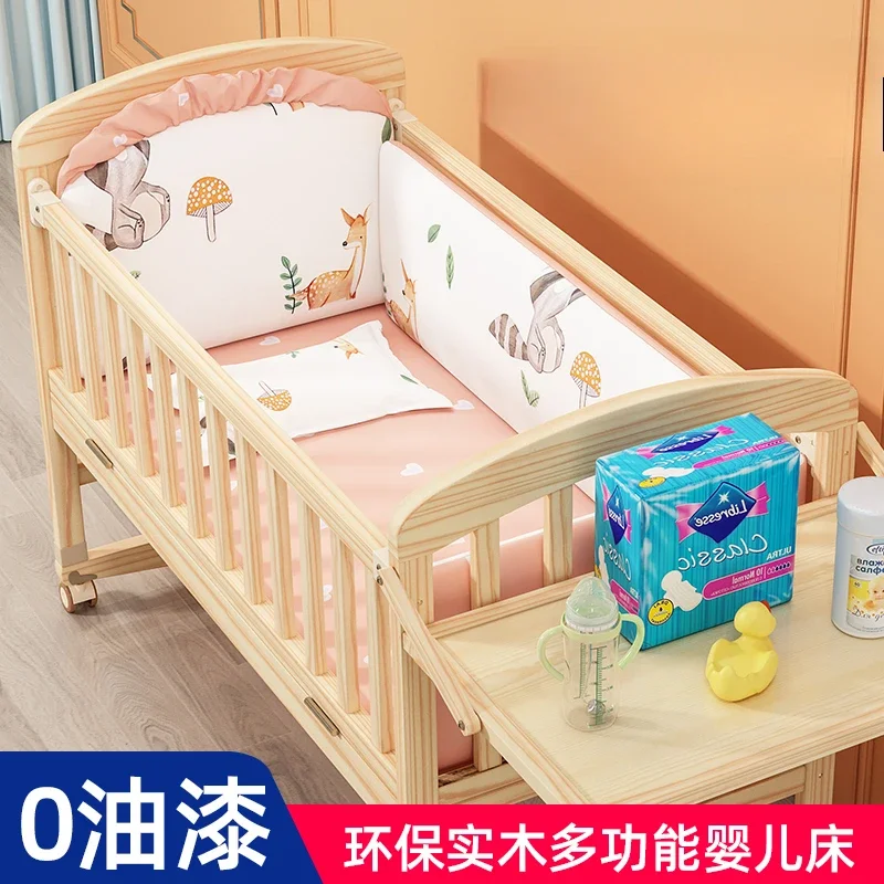 Crib movable newborn bb small bed children's multi-functional solid wood cradle splicing bed