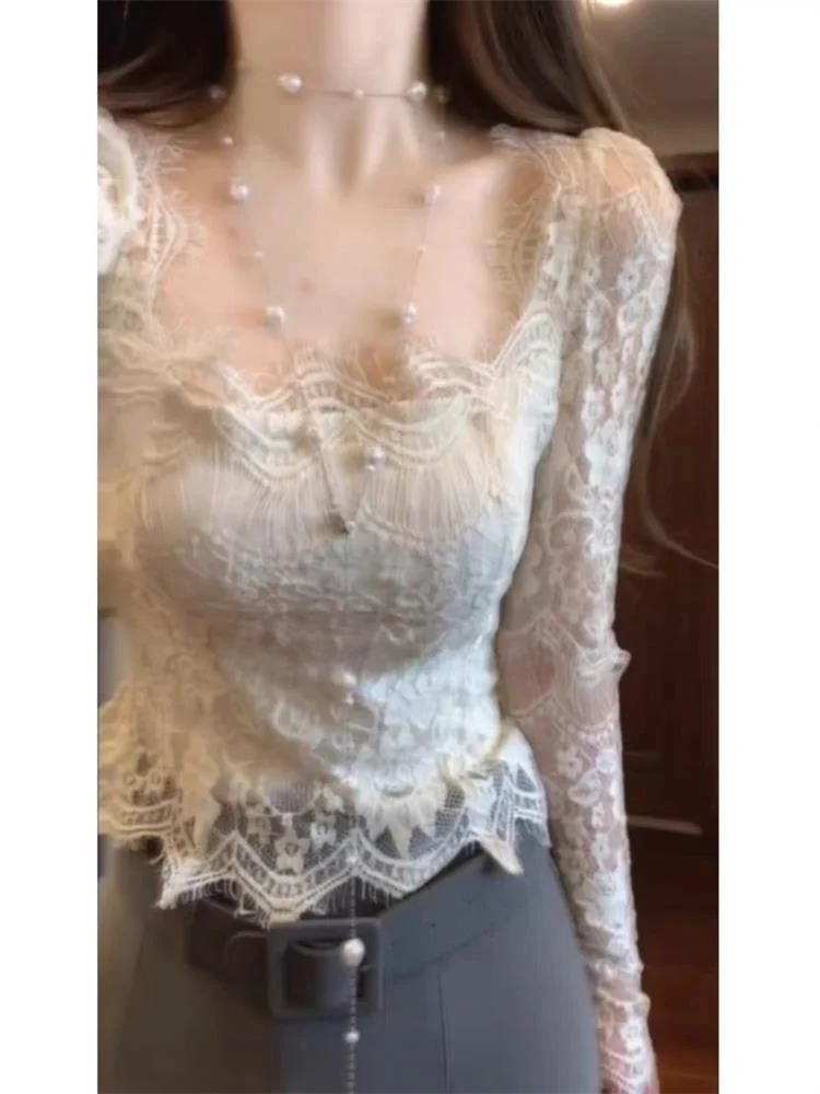 

Faionable ort Lace Base irt Женский весенне-осенний топ небольшого размера с квадратным воротником, облегающий внутренний топ Pure Desire Sle Top