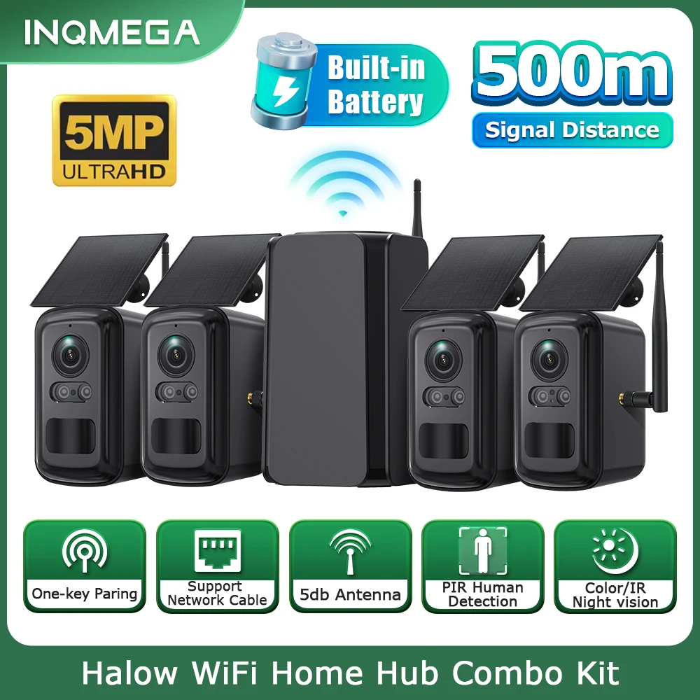 INQMEGA 5MP Wireless Solar Camera System 4 Cam Kit Outdoor WiFi Solar Security Camera Set 2-Way Talk Zero Fees Always Free