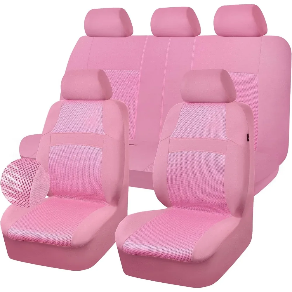 

Pink Car Seat Cover Full Set, Summer Mesh Breathable, Universal Fit for SUV Vans Sedans Trucks, Cute Girly Design