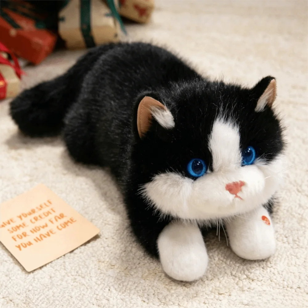 New Soft Simulation Cat Plush Toys Voiced With Bib Realistic Cat Doll Cute Cartoon Fluffy Stuffed Animal Birthday Gifts
