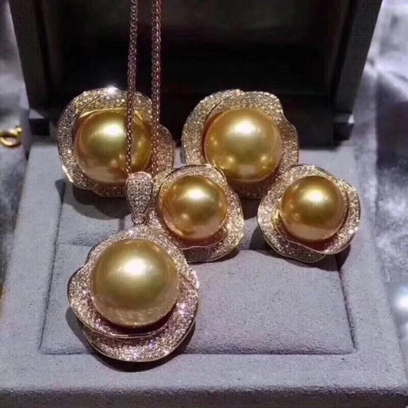 Gorgeous AAAA 16mm South Sea Golden Women's Shell Pearl Pendant Earring Set 925 Silver