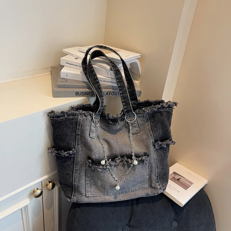 

2025 New Fashion Hot Sale Denim Tote Bags Stylish Design Large Capacity Popularity Color Matching Retro Shoulder Bags for Women