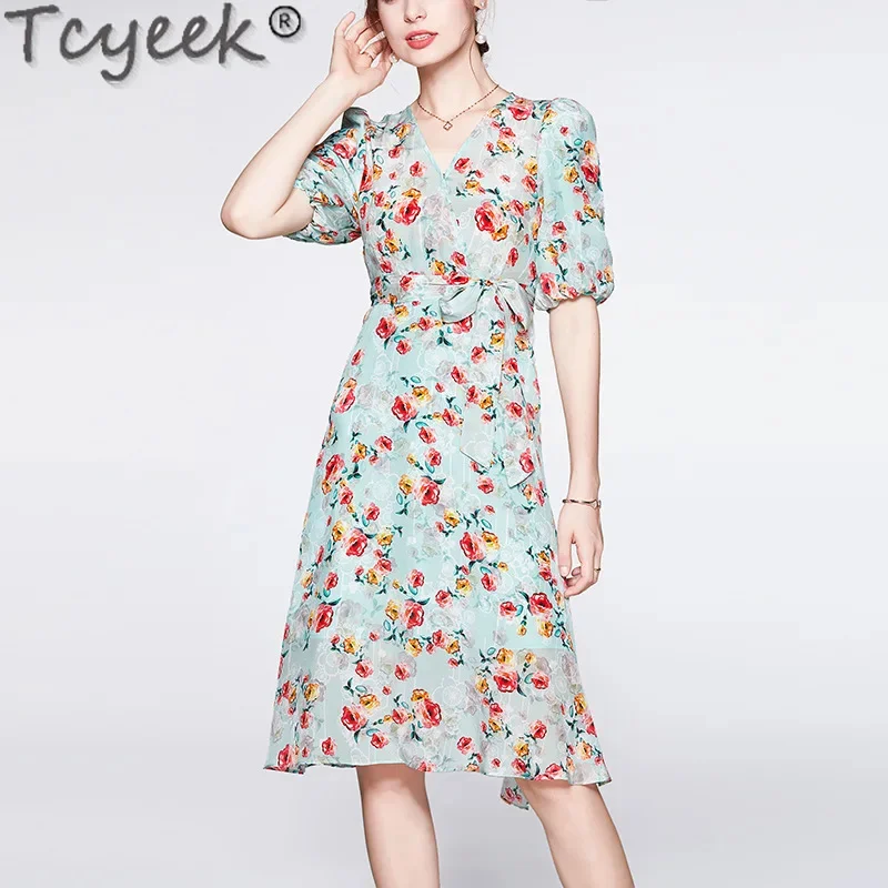 Tcyeek-vestido Midi de seda auténtica para mujer, ropa elegante de verano con cuello en V y cintura alta, 100%