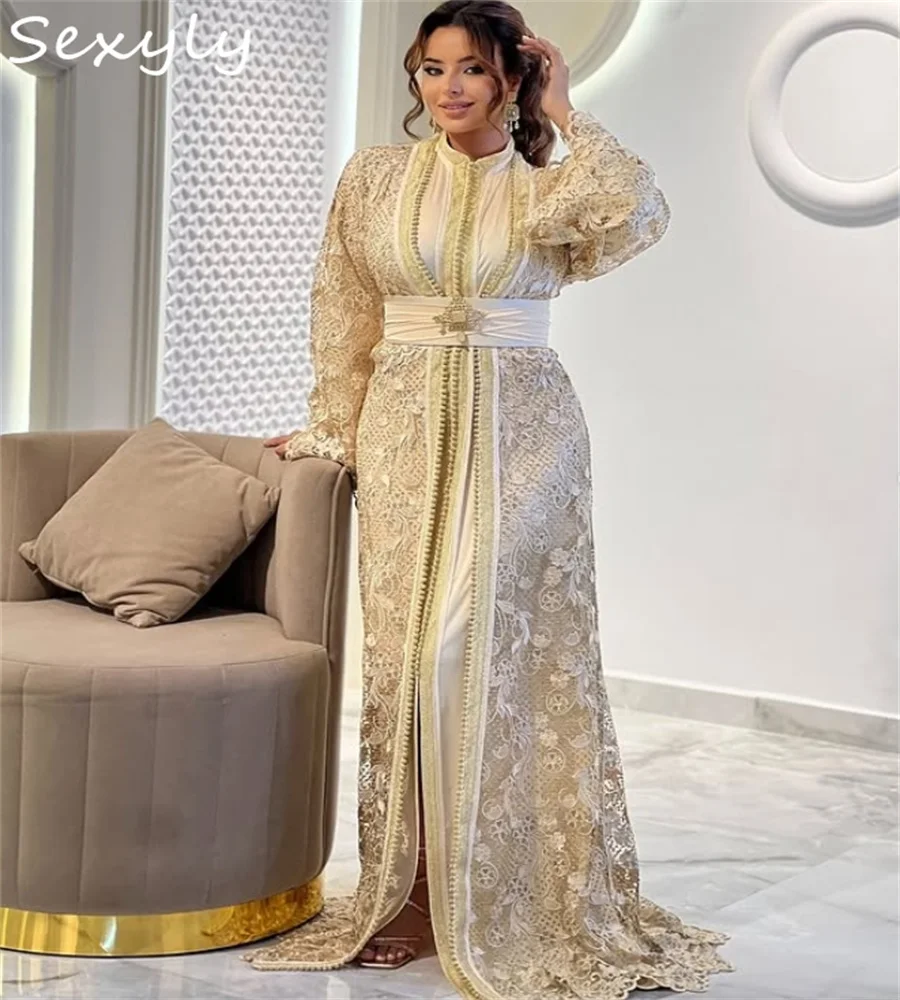 

Fancy Champagne Moroccan Kaftan Evening Dress Islamic Muslim Turkish Prom Dress Lace Long Sleeve Formal Party AlgerianCustomized