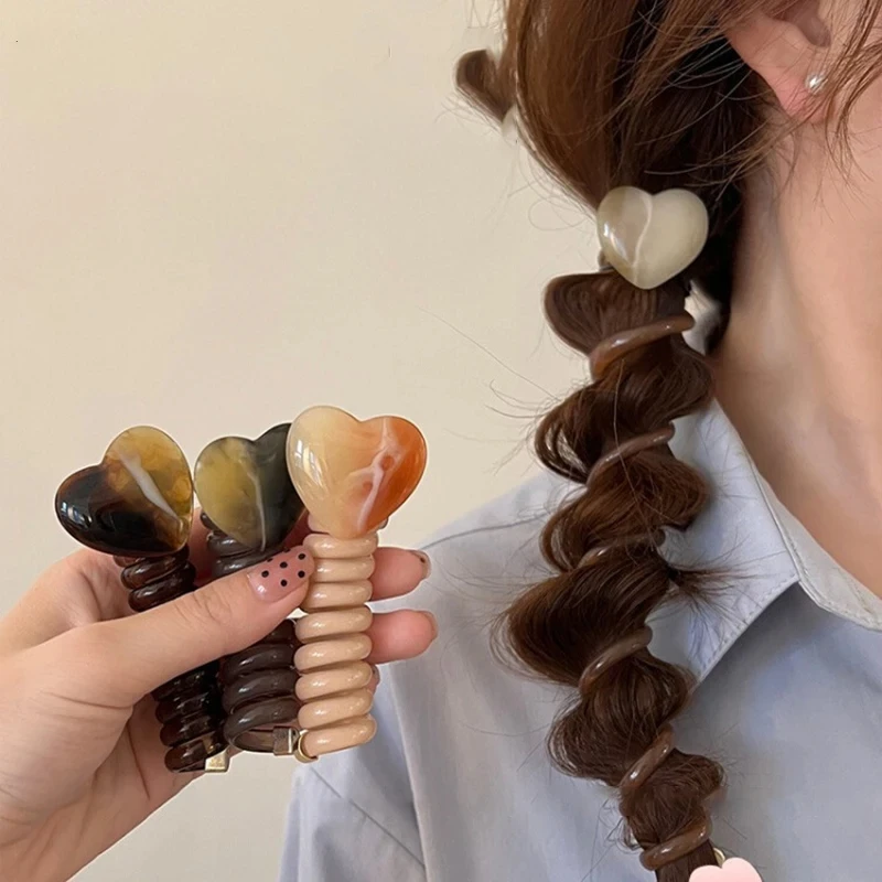 1 unidad de bandas de goma elásticas con forma de corazón para mujeres y niñas, lazos para el cabello con cable telefónico, diademas con carrete en espiral, accesorios para coleteros