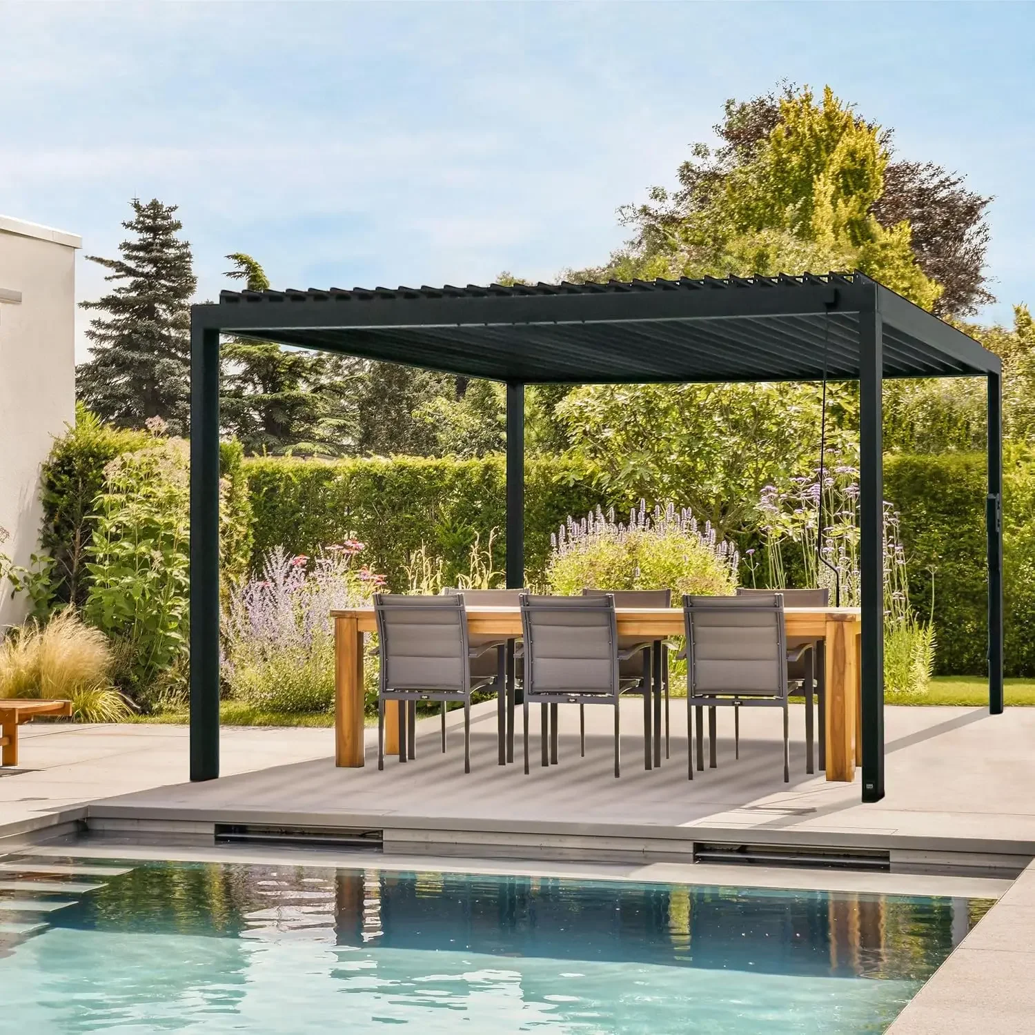 Sarasota 16' x 10' Galvanized Steel Louvered Pergola Kit with Adjustable Roof, Shade, Rain Protection, High-Wind Rating, Gutter