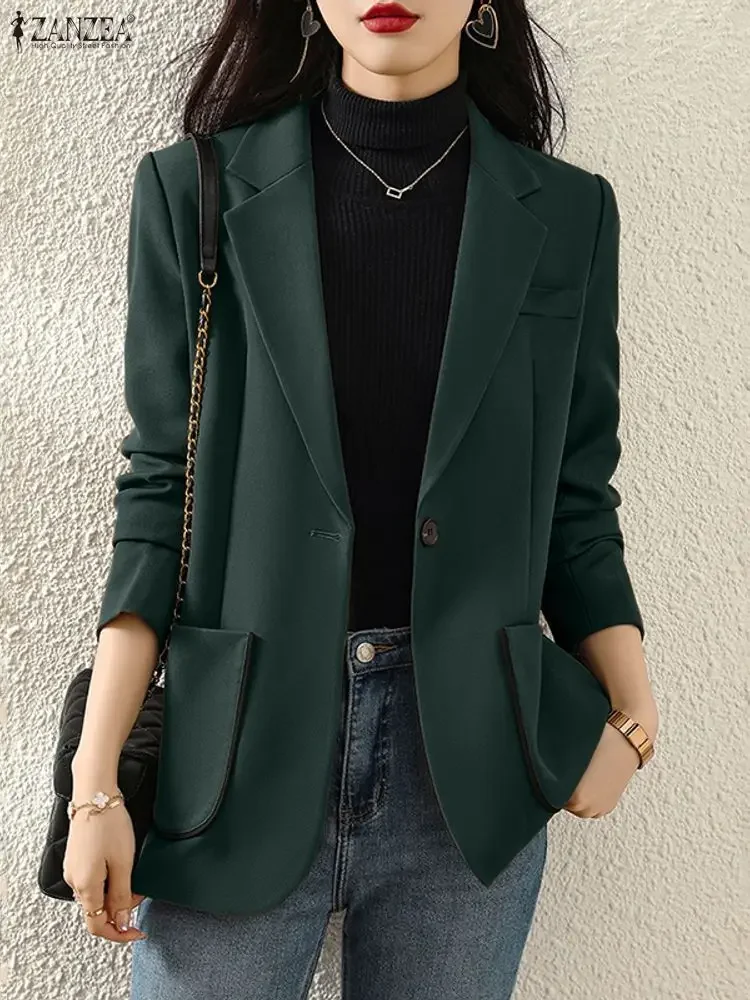 2025 ZANZEA Autumn Green Blazer Jackets Office Outwears Women Blazer Fashion Lapel Long Sleeve Solid Suits Button Down Coats