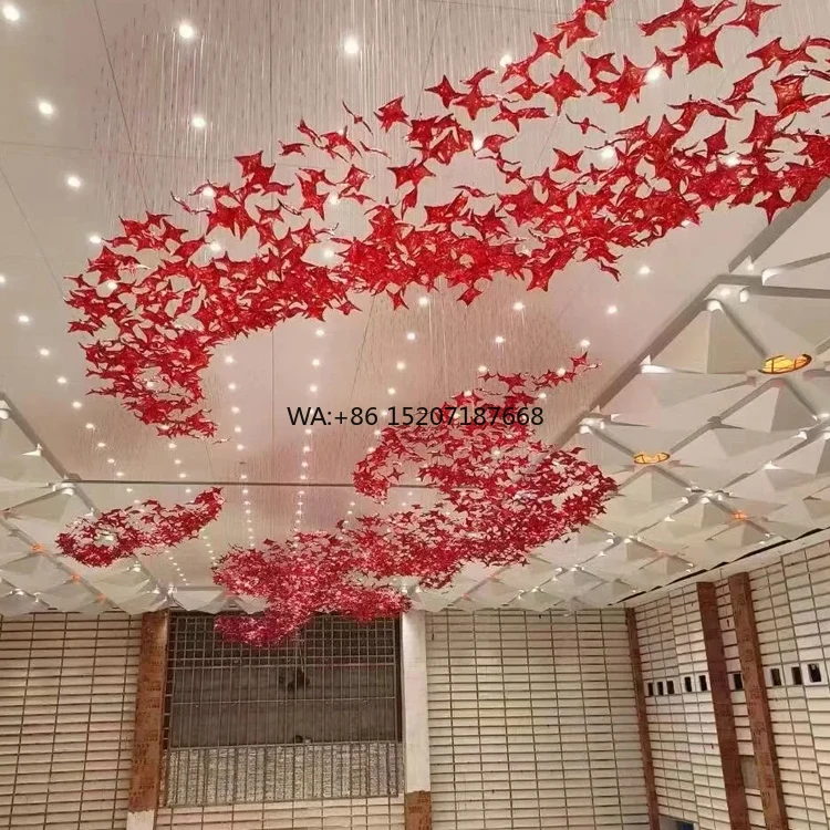 Customized Maple Leaf Oval LED  Modern Luxury Glass Remote Control Adjustable Height for Hotel Lobby