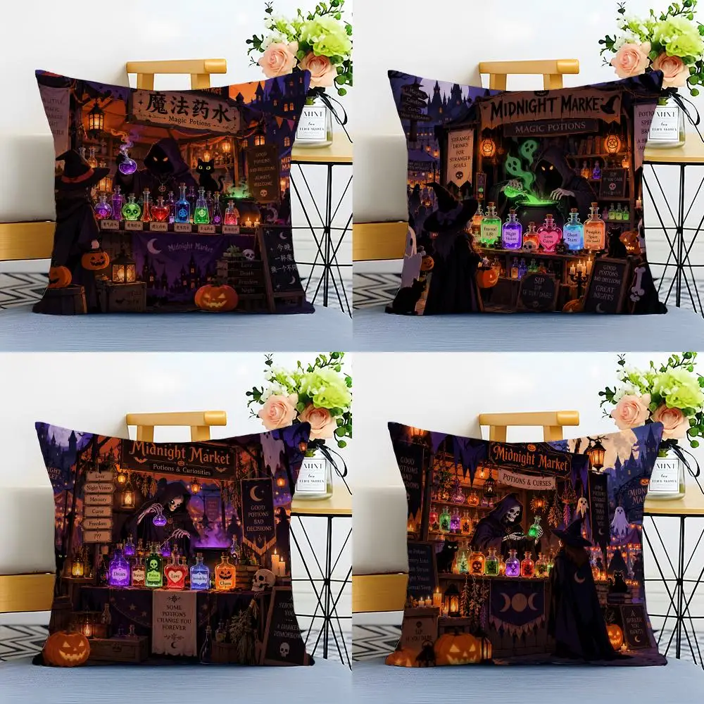 H-Halloween Midnight Market Cushion Cover Linen Minimalist Soft  for Sofa Bed Home Room Decor