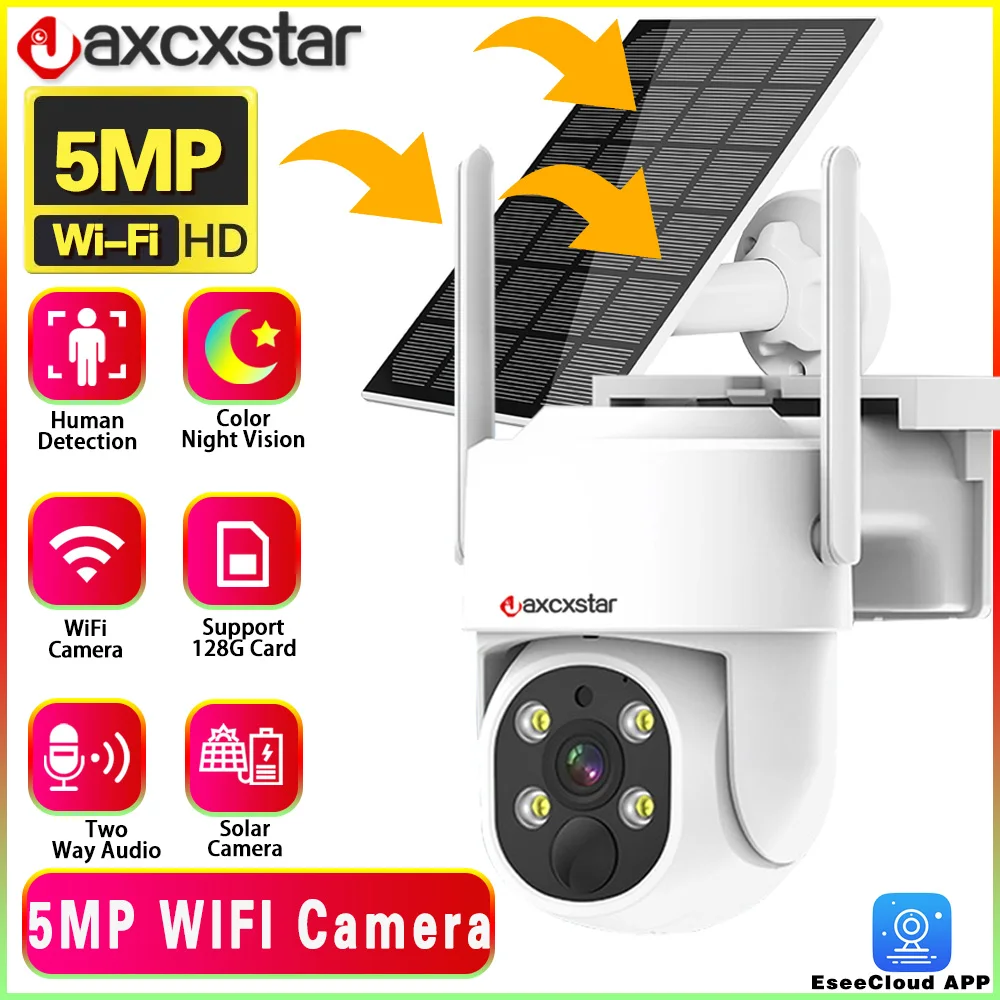 

5MP PTZ IP WiFi Camera Solar Power Low Comsunption Panel Built-in Battery Surveillance Cameras PIR Human Detection Outdoor IP66