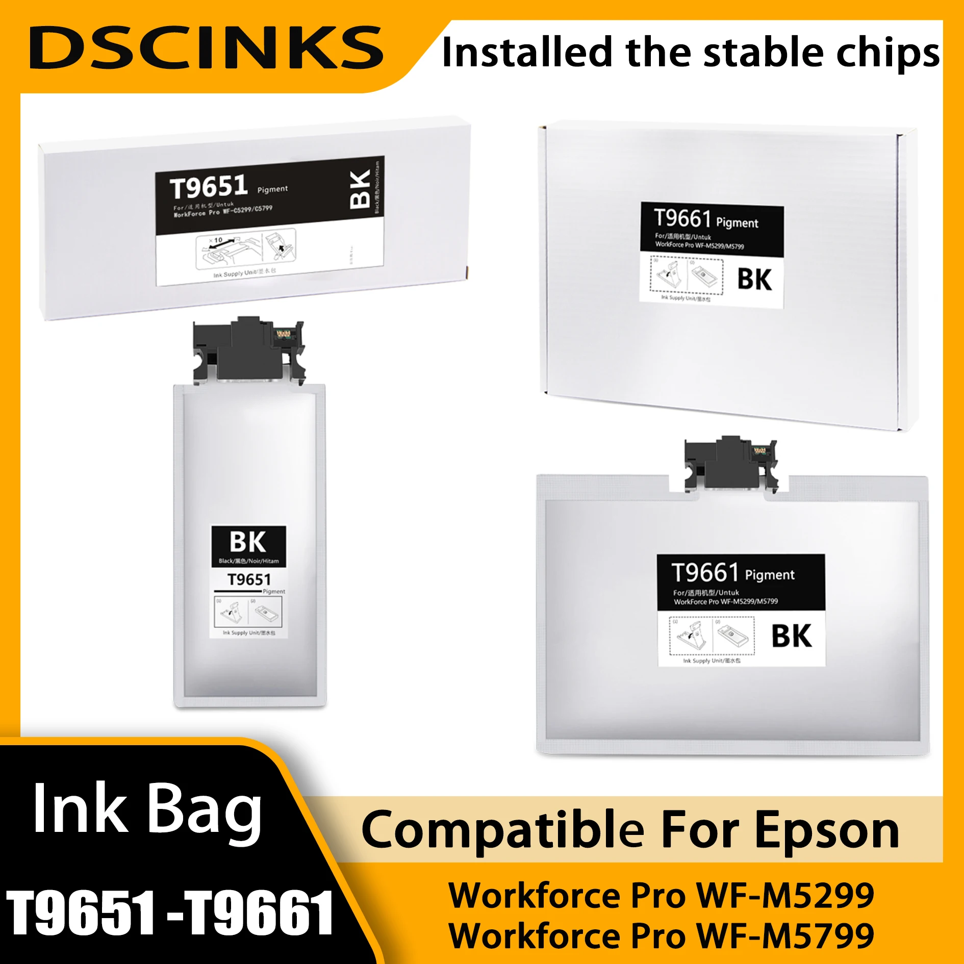 

For Epson T9651 T9661 Ink Cartridge Replacement For Epson Workforce Pro WF-M5799 Printer T9651BK T9661BK Ink Bag With Chip