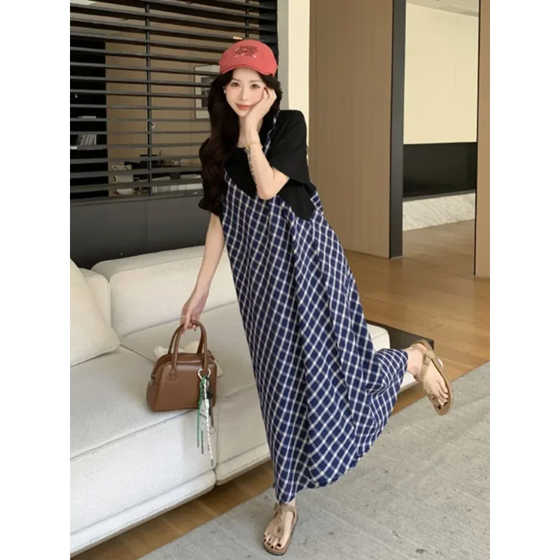 Women's New Loose Slimming Over-the-knee T-shirt Design Plaid Splicing Dress