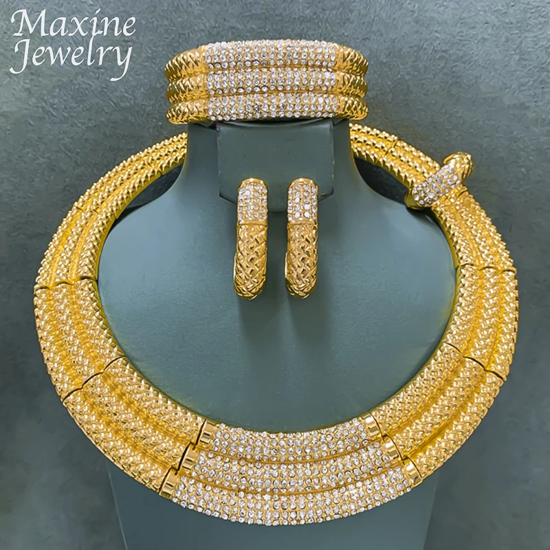 

Italian Round Choker 4Pcs Jewellery Set for Women Chunky Necklace Earrings Bracelet Ring Texture Jewelry Set Party Wedding Gifts